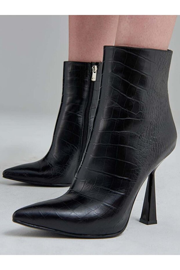 Kroko Desen Kısa Topuklu Deri Bot - Siyah - 1