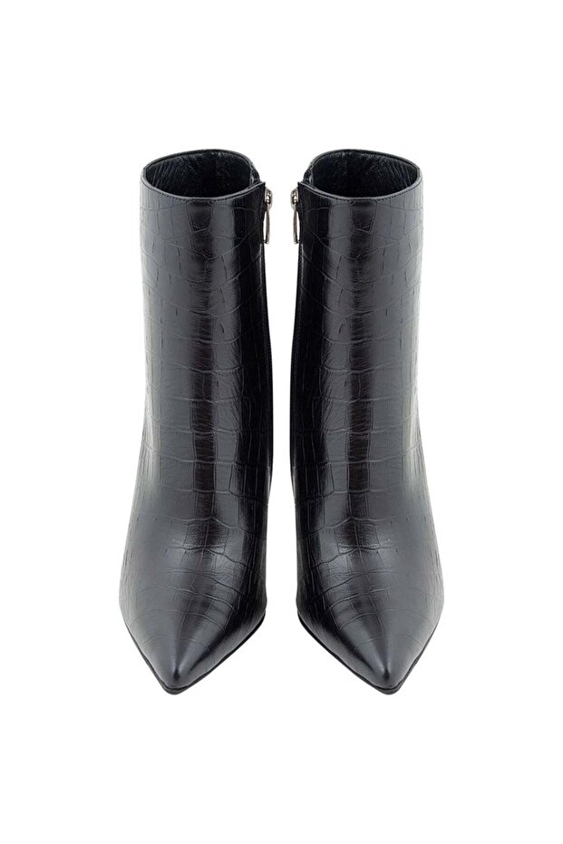 Kroko Desen Kısa Topuklu Deri Bot - Siyah - 4