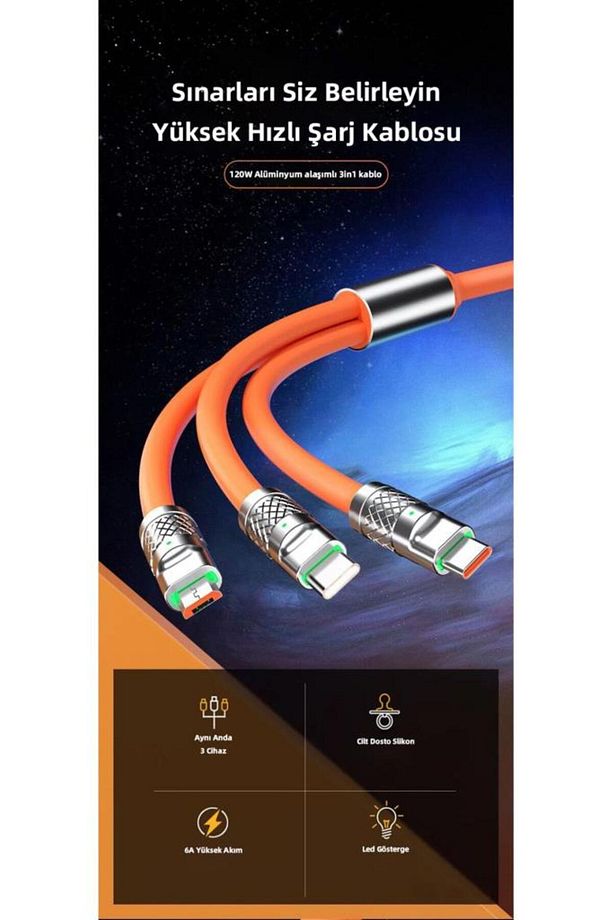6A 120W 3 in 1 Usb to Type-C + Micro Usb + Lightning Hızlı Şarj Kablosu Silikon Kablo 1 Metre - 5