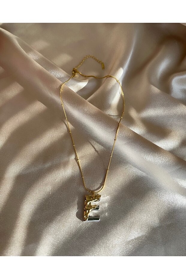 E Harf Gold-Silver Çelik Kolye - 4
