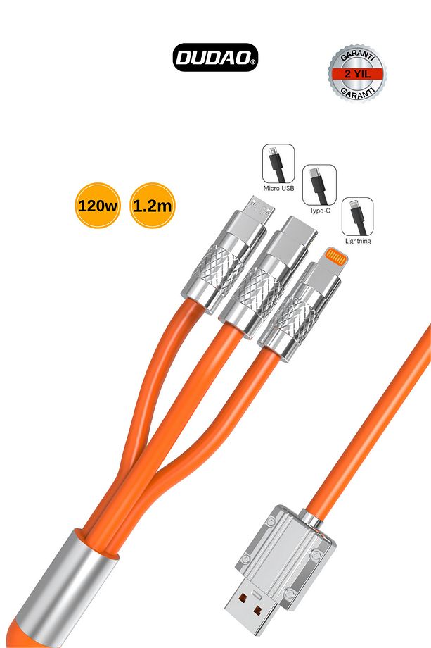 L24e - 120w Hızlı Şarj Kablosu Sağlam Metal Uçlu 3'lü ( Lightning / Micro Usb / Type-c Destekler ) - 1