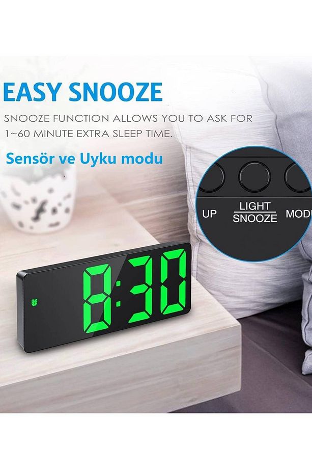 Led Dijital Masa Saati Yeşil Termometre Alarm Takvimli Ses Kontrollü - 4