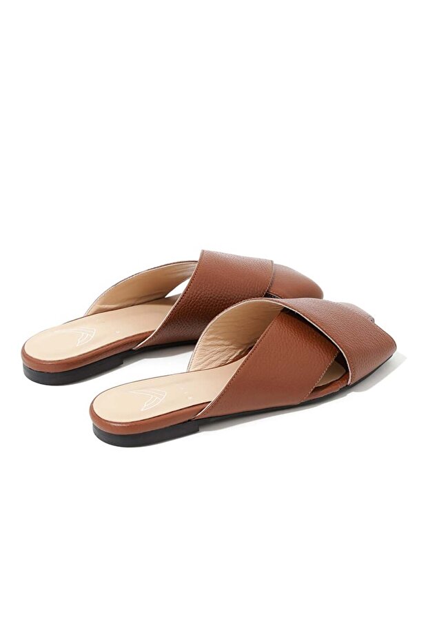 Deri Çarpraz Geçiş Düz Terlik - Taba - 4