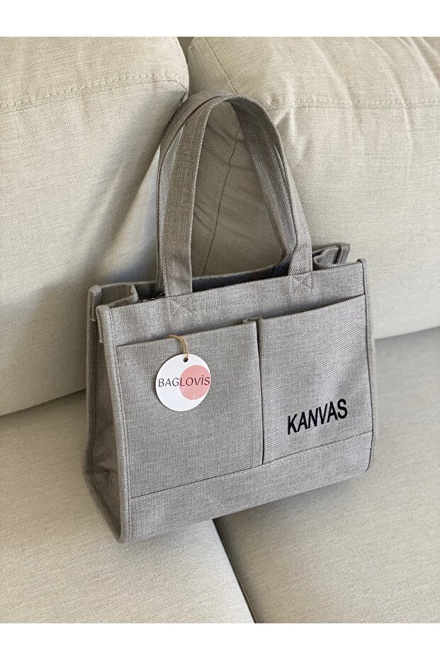 CANVAS FABRIC EMBROIDERY DETAIL LARGE SHOULDER BAG