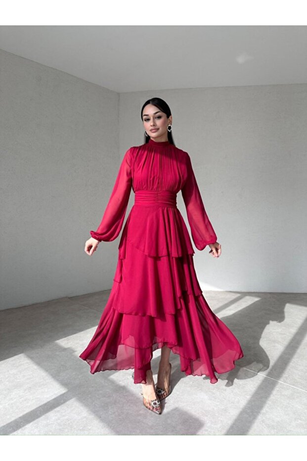 Chiffon Layered Skirt Tulle Sleeve Pleated Dress