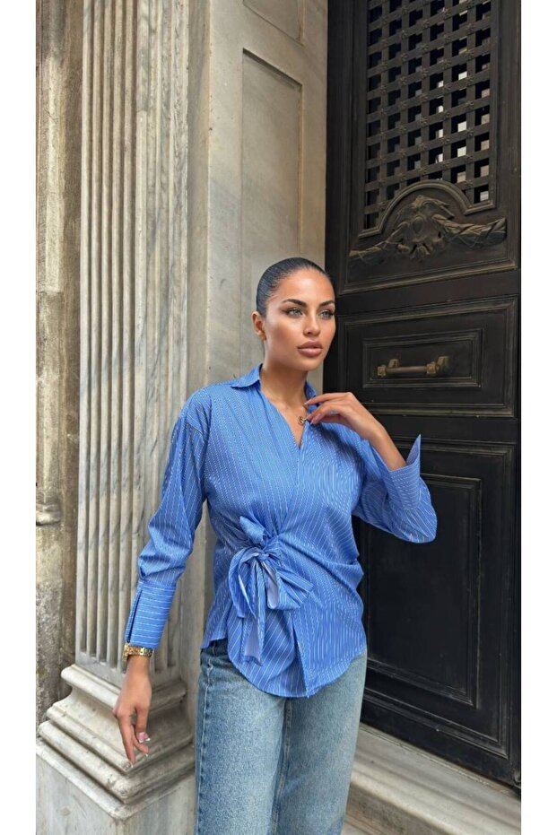 Women's Zr Model Striped Side Tie Belted Poplin Shirt