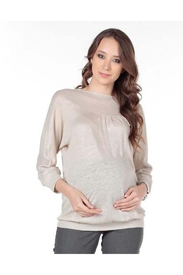 Hamile Bluz Yaka Şeritli Model BEJ - 1