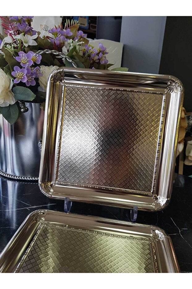 Dama Desenli Tek Kişilik Kahve Sunumluk (2 Adet) Metal Damat Söz Tepsisi Gümüş - 3
