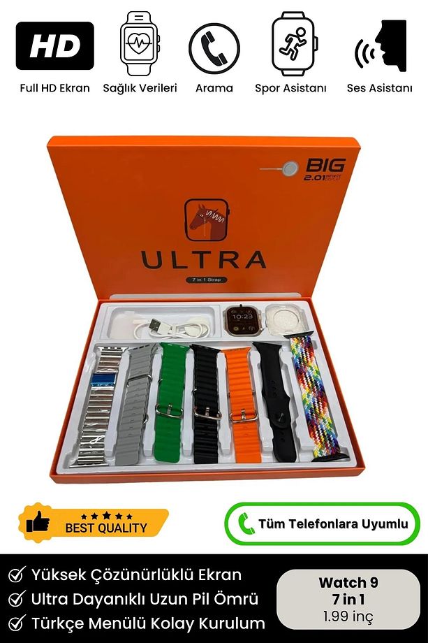 Watch 9 49mm 7 Kordon Hediyeli 7in1 Spor Sağlık Sensörlü iOS Android Uyumlu Smart Akıllı Saat - 2