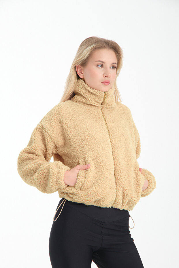 Women's Standing Collar Plush Elastic Detail Double Pocket Winter Jacket Fleece Cardigan Sweatshirt
