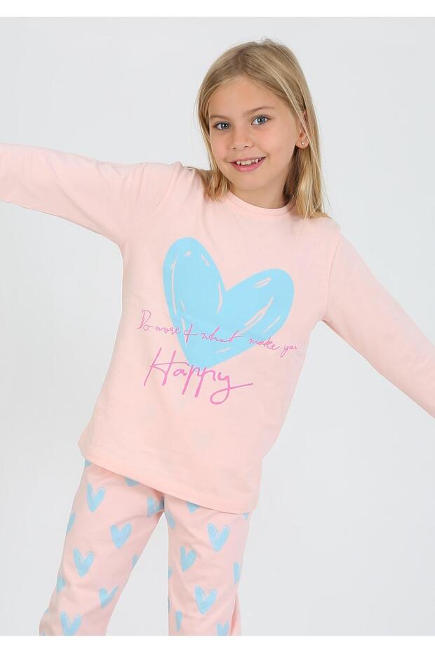 Girl's Long Sleeve 100% Cotton Pajamas Set Happy Heart Salmon