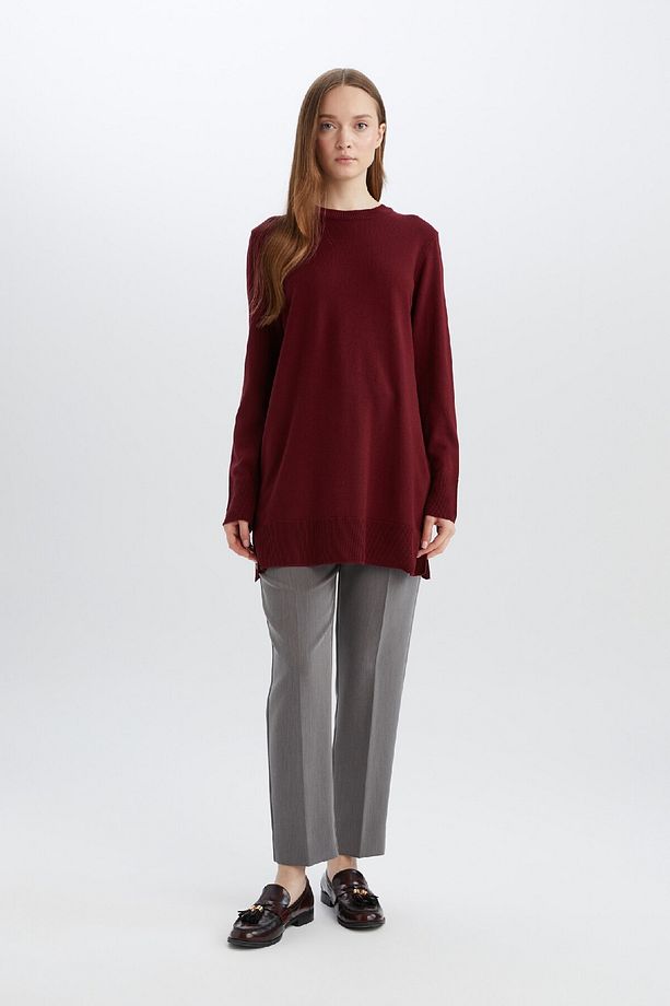 Regular Fit Bisiklet Yaka Yırtmaçlı Basic Düz Kazak Tunik H3431AZ24AU - 2