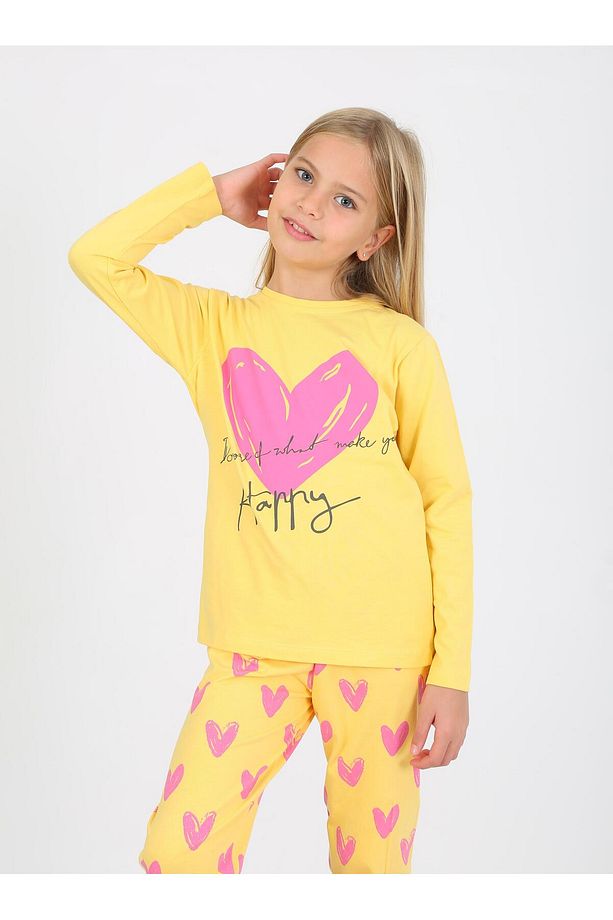 Kız Çocuk Uzun Kollu %100 Pamuklu Pijama Takımı Happy Heart Sarı - 4