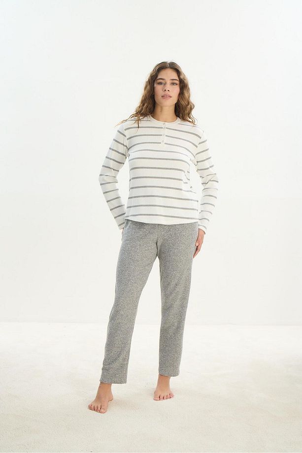 Kadın Uzun Kol Triko Ekru Pijama Takımı C0T0N2O61 - 4