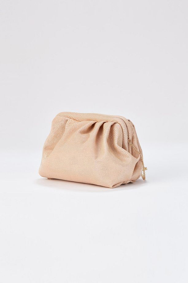 Kadın Bej Siyah Tek Gözlü Zincir Askılı Simli Kumaş Omuz Ve El Çantası Portföy Clutch - 3