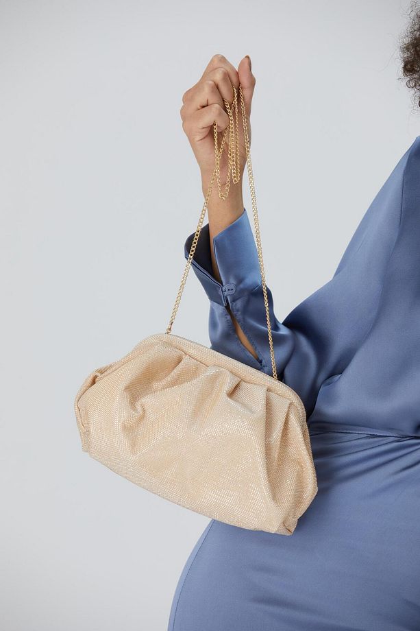 Kadın Bej Siyah Tek Gözlü Zincir Askılı Simli Kumaş Omuz Ve El Çantası Portföy Clutch - 9