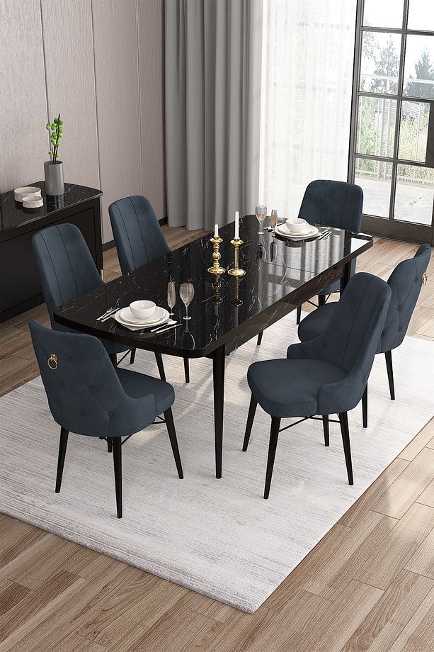 Are Serisi 80x132 Açılabilir Mdf Siyah Mermer Desen Masa Takımı Ve 6 Antrasit Sandalye - 3
