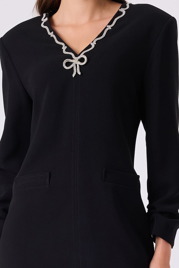 Fiyonk broşlu diz üstü elbise - 3