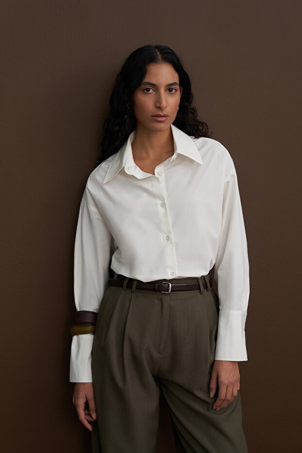 Ekru Private Edition Poplin Nakış Detaylı Oversize Gömlek - 5