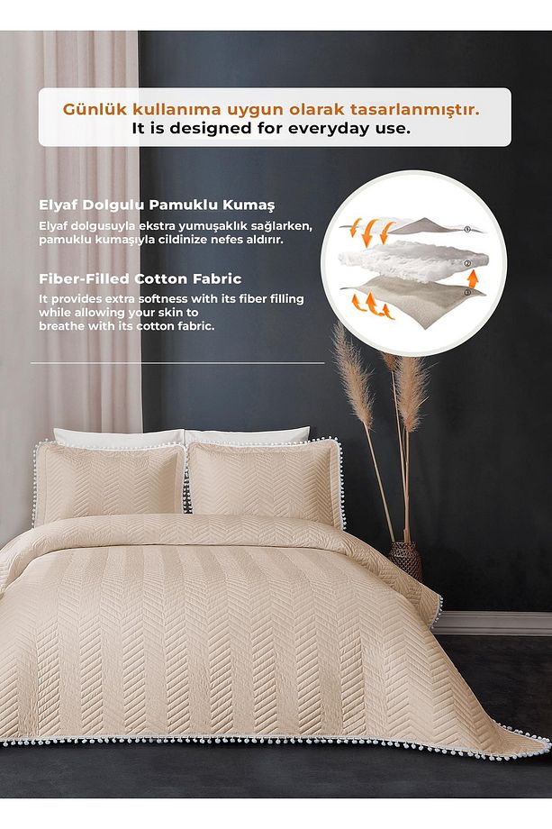 Ponponlu %100 Pamuk Tek Kişilik Yatak Örtüsü ( Pike ) Takımı Açık Cappuccino - 3