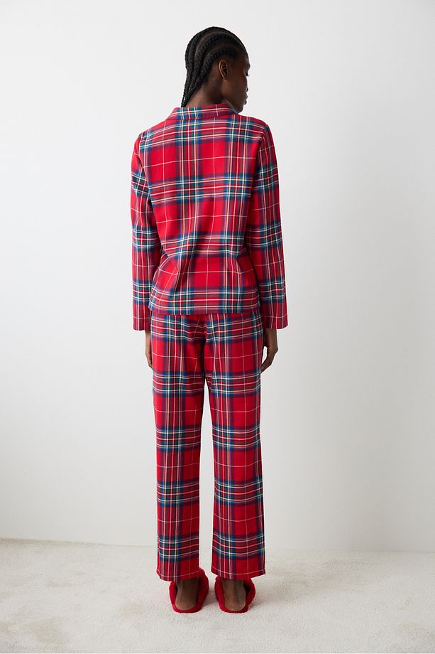 New York Red Checked Kırmızı Gömlek Pantolon Pijama Takımı - 4