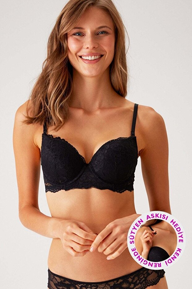 6208 Black Lyon Underwire Lace Double Push Up Bra with Removable Straps