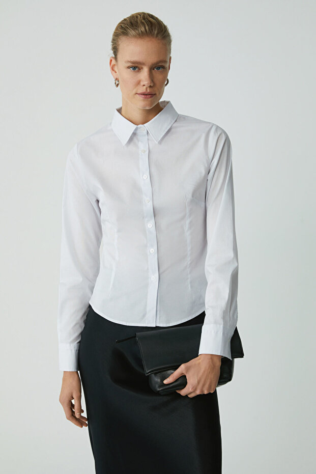 Evangelıne Women's Slim Fit Slim Fit Lycra Pocketless Long Sleeve Poplin White Shirt