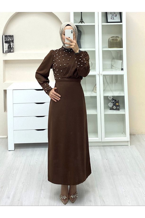 Kruvaze Yaka Inci Detaylı Krep Elbise -kahve - 3