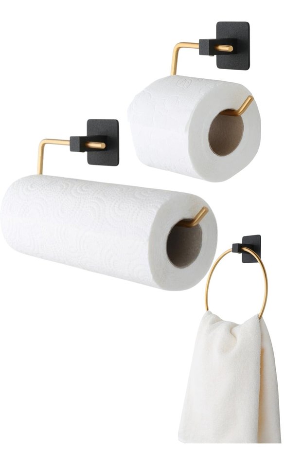 Set of 3 Gold Modern Adhesive Wc Paper Holder Solo Paper Holder Round Towel Holder