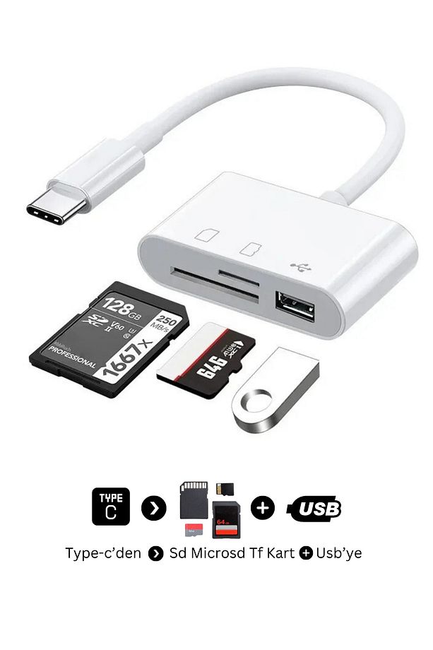 Kart Okuyucu Type C To Sd/Microsd/TF Kart & Usb 3in1 Çevirici Dönüştürücü Adaptör SD Cardreader - 1