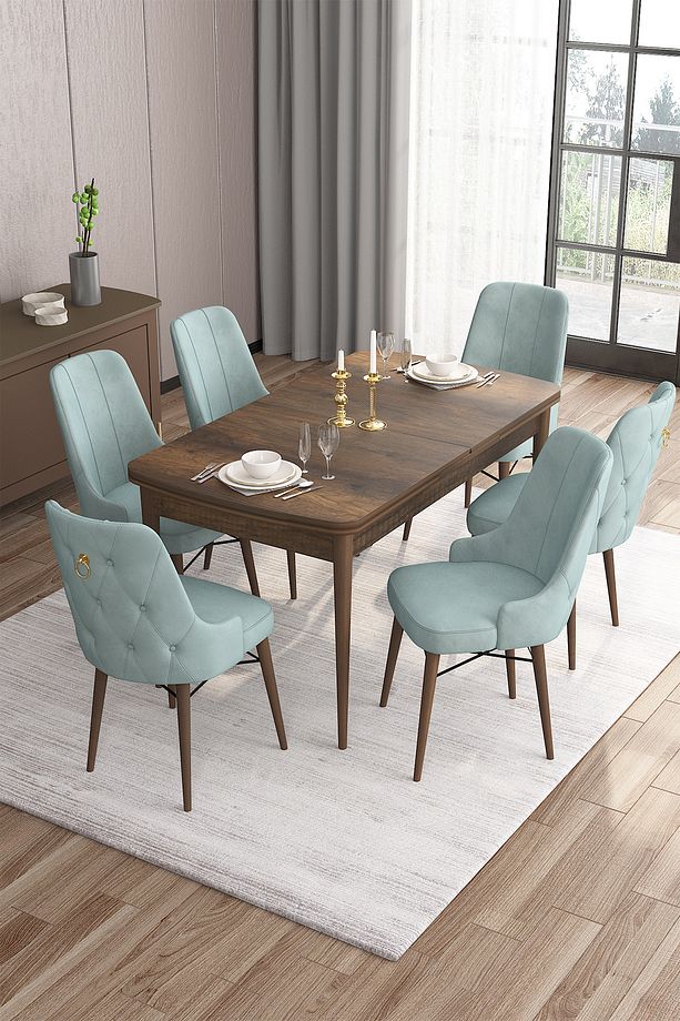 Are Serisi 80x132 Açılabilir Mdf Barok Ahşap Desen Masa Takımı Ve 6 Su Yeşili Sandalye - 1