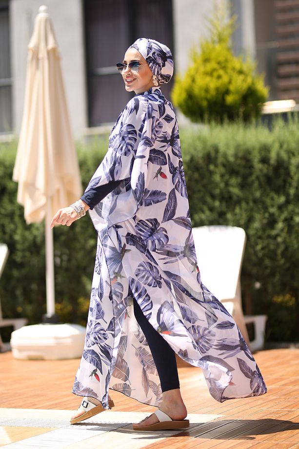 Tesettür Mayo Üzerine Desenli Tek Kaftan Pareo Mavi Yapraklar - 5