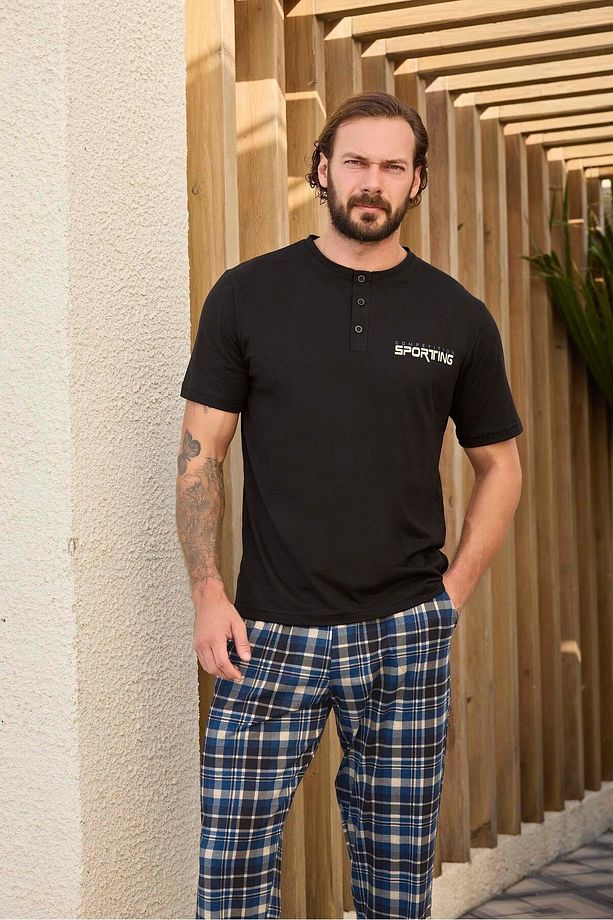 Lodos Store Aydoğan Erkek Süprem Kısa Kollu Ekose Desenli Mottolu Pamuklu Pijama Takımı - Siyah - 2
