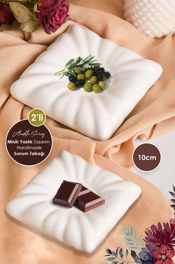 2 ADET 10cm Seramik Yastık Şeklinde Tasarım  Handmade Sunum Tabağı Servis Pasta Kahvaltı Tabağı - 1