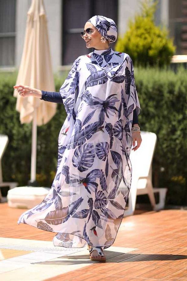 Tesettür Mayo Üzerine Desenli Tek Kaftan Pareo Mavi Yapraklar - 6