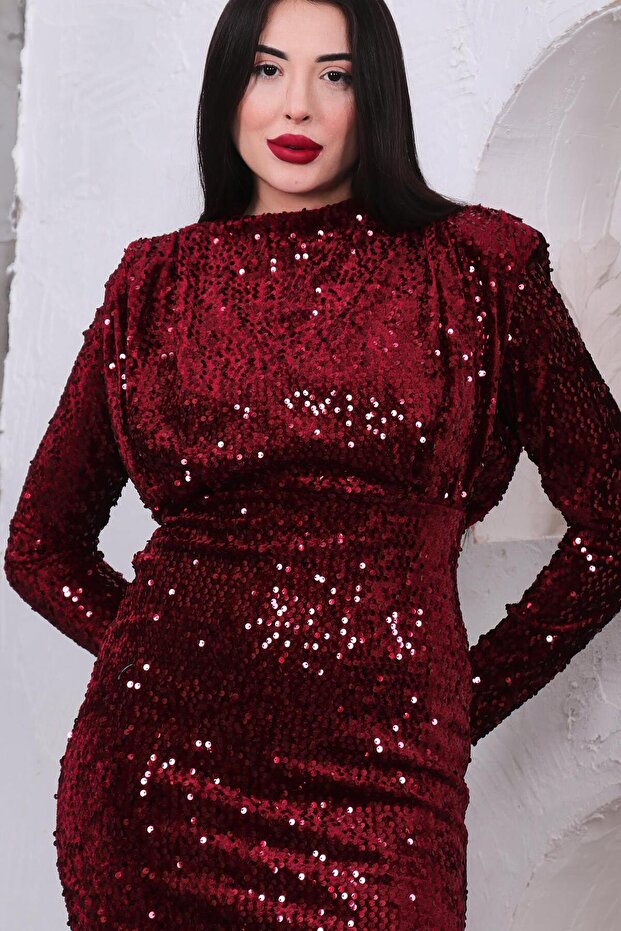 Vatkalı Pullu Kadife Elbise - 6