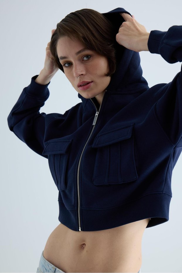 Women's Navy Blue Gusseted Pocket Detailed Hooded Crop Cardigan