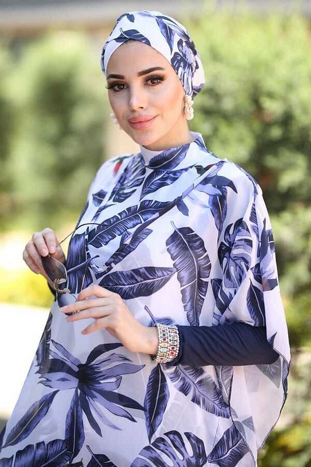 Tesettür Mayo Üzerine Desenli Tek Kaftan Pareo Mavi Yapraklar - 7