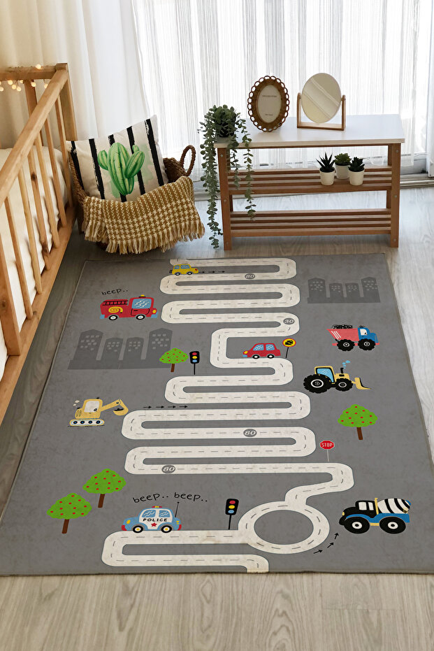 Dijital Baskı Yol Üzerindeki Iş Makineleri Çocuk Halısı - 1