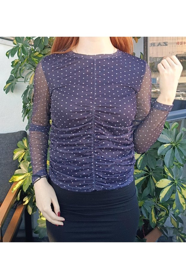 Women's Polka Dot Patterned Long Sleeve Gathered Tulle Blouse, Women's Polka Dot Sleeves Tulle Blouse