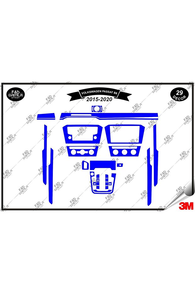 Volkswagen Passat B8 2015-2020 Dashboard Console Trim Chest Mahogany Veneer Set 29 Pieces Blue