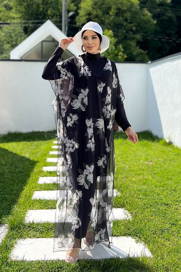 Remsa Tesettür Mayo Üzerine Desenli Tek Kaftan Pareo 430-318 Orkide - 1
