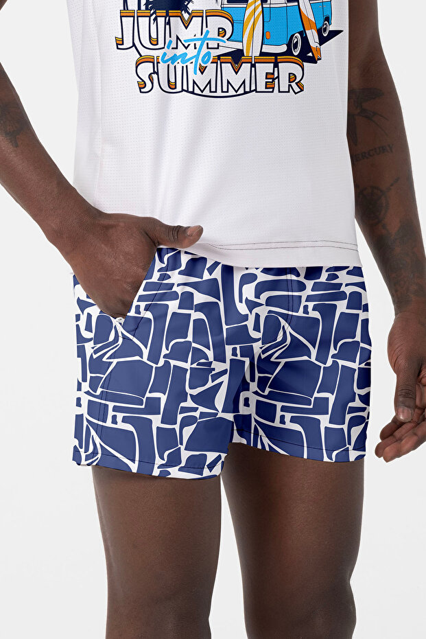 Men's patterned pool & beach shorts 203 - navy blue