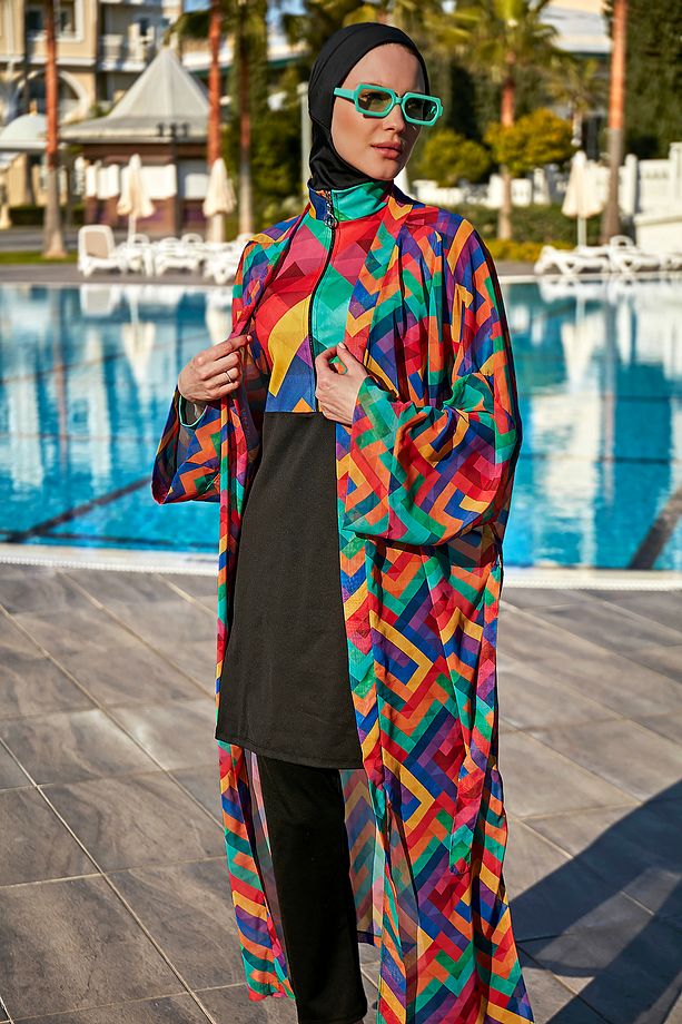 Remsa Tesettür Mayo Üzerine Tek Kaftan Kimono Pareo RP016 Tetris - 5