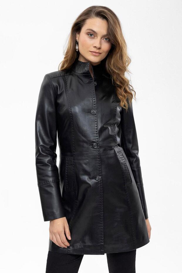 Black Cara Short Button Slim Fit Cut Lined Short Genuine Women's Leather Coat