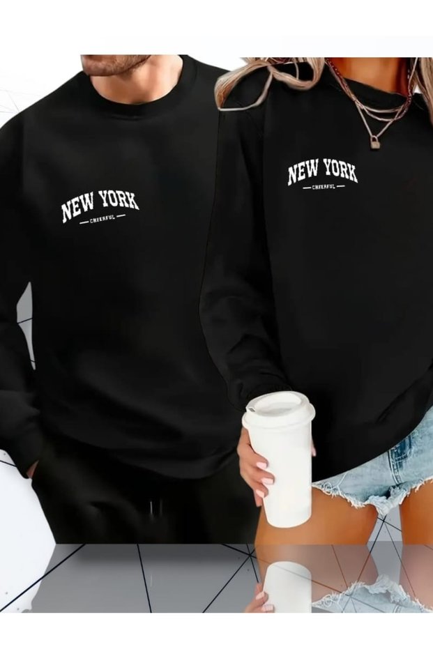 Dear Couple 2-Piece Combination Unprinted/ Printed Crew Neck Oversize Black Sweatshirt (Price Is 2 Pieces)