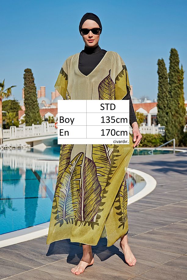 Remsa Tesettür Mayo Üzerine Tasarım Tek Kaftan Pareo RDP001 Dev Yapraklar - 7