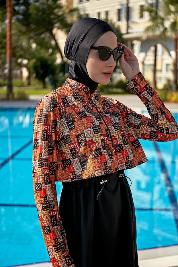 R110 Model Hijab Swimsuit - Parachute Look, Front Cover and Fully Covered Symbol