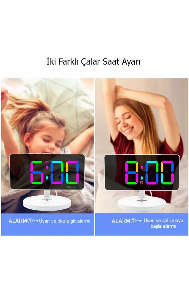 Renkli LED Dijital Saat, Kablosuz Şarjli, RGB Ayna ile Şık ve Fonksiyonel Tasarım - 5