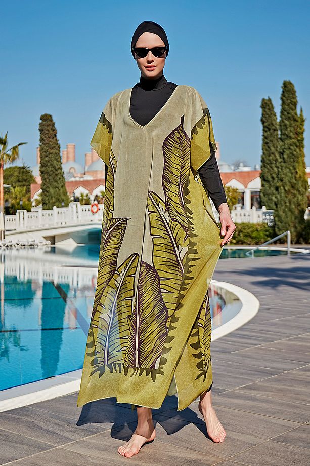 Remsa Tesettür Mayo Üzerine Tasarım Tek Kaftan Pareo RDP001 Dev Yapraklar - 3